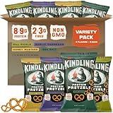 Kindling Protein Pretzels Variety Pack - Sea Salt (1), Dill Pickle (1), Honey Mustard (1), Garlic Parmesan (1) | Protein-Packed Snack | Kosher | 8 - 9g Protein Per Serving | Only 1-2g of Total Sugar | No Artificial Flavors, Soy-Free | Kid’s Snacks & Lunches, Office Snacks, & On-the-Go | 4-Pack (6.5oz - 7oz Bags)