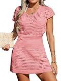 CUPSHE Women Crochet Swim Cover Up Short Sleeve V Neck Bathing Suit Beach Dress Summer Swimwear Coverups Pink, L