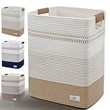 AINUOQI Laundry Hamper - 85L Large Laundry Basket with Leather Handles, Decorative Storage Basket for Blankets - Cotton Rope Woven Baskets for Storage, Clothes Hamper for Living Room, Jute & White
