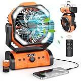Peouix Portable Rechargeable Camping Fan - 20000mAh Cordless Battery Powered Tent Fans with LED Lantern, Remote Auto Oscillating USB C Table Operated Ventilador for Travel Outdoor Beach