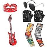 TIANMENSHAN 7Pcs Kids Rockstar Costume Set with Inflatable Guitar, Women's Premium Rocker Outfit Heavy Metal Accessories, Ultimate Rock Look for Halloween Party, Girls & Boys
