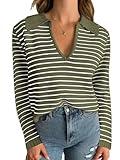 Women's Striped Long Sleeve Sweater 2024 Fall Winter Fashion V Neck Lapel Collar Knit Loose Army Green Pullover Tops S