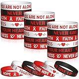 WATINC Heart Health Awareness Silicone Wristband - Red Ribbon Heart Cancer Disease Awareness Bracelets, Motivational Inspirational Heart Beat Rubber Bracelet Events Gifts for Men Women Teens (48Pcs)