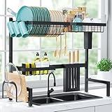 Sakugi Dish Drying Rack Over The Sink - Large Capacity Stainless Steel Dish Drainer, Multifunctional Kitchen Organizer, Black, 11" D x 30"~33.9''W x 21.5" H