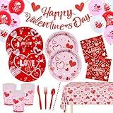 Valentine's Day Party Supplies Hot Heart Love Disposable Plates Napkins Balloons Cups plastic Tablecloth with Banner for Valentine's Day, Engagements, Anniversary Decorations, Serve 16