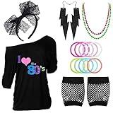 Z-Shop 80s Outfits Costume Accessories for Women - I Love 80's Print Off Shoulder T-Shirt,Lace Headband Necklace Bracelet Gloves for 80s Costumes,Black,XL