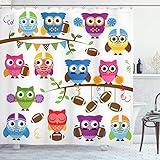 Ambesonne Owls Shower Curtain, Sporty Owls Cheerleader League Team Coach Football Themed Animals Cartoon Art Style, Cloth Fabric Bathroom Decor Set with Hooks, 69" W x 75" L, Multicolor Brown Green