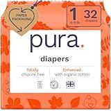 Pura Hypoallergenic Diapers, Size 1 (4-11 lbs), Newborn, Totally Chlorine Free, Wetness Indicator, Suitable for Sensitive Skin, Soft Organic Cotton Comfort, Overnight, 1 Pack of 32 Baby Diapers