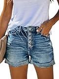 Angerella High Wasted Shorts Women Ripped Folded Hem Distressed Button Fly Denim Jean Shorts Blue XL