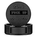Funny Coasters, Thipoten 6 Pcs Leather Coasters with Holder, Perfect Housewarming Hostess Gifts, Protect Furniture from Water Marks Scratch and Damage(6Pcs, Black)