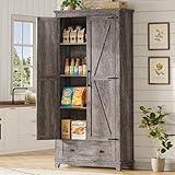AMERLIFE 72" Tall Kitchen Pantry Storage Cabinet, Farmhouse Food Pantry Cabinet for Kitchen, Living Room, Dining Room, Adjustable Shelves and Drawer, Rustic Grey