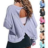 Most Wished for Items Sweatshirt for Women Trendy Fall Crewneck Long Sleeve Cutout Back Cross Hem Pullover Loose Casual Aesthetic Y2k Tops Camisetas Para Mujer