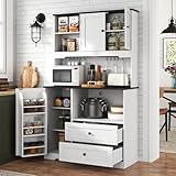 Gyfimoie Kitchen Pantry Storage Cabinet,Freestanding Buffet Cabinet with Wine Glass Holder,Food Pantry with Doors and Shelves,Tall Kitchen Hutch with Microwave Stand for Dining Room (White+Black)