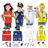 Lesheng space 4 Sets Dress Up Clothes for Kids, Pretend Dress Up Trunk of Firefighter costume/Doctor/Policeman/Construction Worker Role Play Set with Realistic Accessories