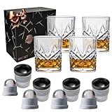 OLD BARREL Whiskey Glasses Set of 8 (4 Glasses with 4 Ice Ball Molds) 10oz Old Fashioned Crystal Glasses Gift Box – Bourbon, Scotch, Cocktail Rocks Glasses – Gifts for Men, Dad, Birthday, Father’s Day