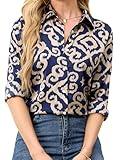 BBIBBI Womens Shirts Dressy Casual Trending Tops Spring Blouses & Button-Down Shirts Long Sleeve Satin Tops for Women Blue Pattern1 L