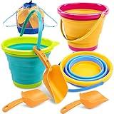 JOYIN 3 Packs Foldable Pail Bucket with Shovels & Mesh Bag, Collapsible Buckets Multi Purpose for Beach, Camping Gear, Beach Party, Fishing, and Fun Summer Activities (Yellow/Blue/Green)