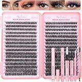 Lash Clusters Kit, 640 Pcs Eyelashes Clusters Extensions Kit 9-16mm Individual Lashes D Curl Fluffy Wispy False Eyelashes Thin Band, with Bond Seal Remover Tweezers Brush DIY (60D+80D Kit 9-16mm)