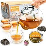 Kitchen Kite Glass Teapot Set with 4 Double Wall Teacups & Removable Stainless Steel Infuser - Microwave Dishwasher Safe Clear Blooming Loose Leaf Teas, Tea Maker Gift