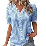 Women Summer Lace V Neck Plain Lace Elegant Shirt Fashion Solid Color Elegant Blouse Short Sleeve Plus Size Scrub Tops Blue-a