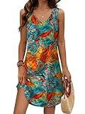 Aokosor Women Summer Casual Sleeveless V Neck Mini Sundress Swing Beach Vacation Dresses 2025 Tropical Print M