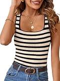 MEROKEETY Women's Sleeveless Ribbed Knit Tank Tops 2025 Summer Striped Square Neck Shirts Casual Basic Tanks Beige M