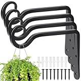 MOWPOG Plant Hangers Outdoor, 4 Pack 6 Inch Hanging Plants Bracket, Metal Hanging Hooks, Wall Hooks for Bird Feeder, Flower Basket, Wind Chimes, Indoor Outdoor (Black)