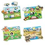 Melissa & Doug Wooden Peg Puzzle 4-Pack for Toddler and Preschool Boys and Girls – Vehicles, Farm, Safari, Pets