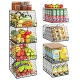 Jakyitvi 4 Pack Stackable Wire Baskets with Fixed Wooden Top, Vegetable Fruit Storage Bins for Onion Potato Snack, Pantry Baskets for Kitchen Cabinet Countertop, Pantry Organizers and Storage Rack