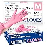 Supmedic Medical Nitrile Exam Gloves, 3.5 mil Powder-Free Food-Safe Disposable Glove for Cleaning & Esthetician, Rose Quartz 100 Pcs (Medium)