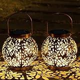 JOIEDOMI 2 Pack Outdoor Solar Hanging Lantern Lights, Waterproof Tabletop with Handle, LED Moroccan Lanterns, Metal Decorative Garden Solar Lights for Patio, Lawn, Porch, Backyard