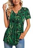 CATHY Womens Short Sleeve Tunic Tops Henley Shirt V Neck Button Up Blouse Casual Pleated Basic Pullover, XL, Green Leaf-Black