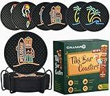 Tiki Bar Coasters Set of 6 with Holder, Tiki Bar Decor Silicone Coasters with Surfboard Warrior, Wave & Palm Tree and Parrot Designs, Hawaiian Decor Black Coasters, Outdoor Tiki Bar Rubber Decorations