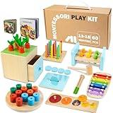WOODMAM Wooden Montessori Toys for 1+ Year Old, 9 in 1 Learning Educational Toys for Toddler with Educational Box, Xylophone, Pound Bench, Shape Puzzle and More, Baby Toy Gift for 12-18 Months