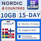 JetSim Nordic eSIM 15 Days 10GB High-Speed Data + Unlimited Basic Data for Denmark, Finland, Sweden, Norway | Instant QR Code Delivery | Travel eSIM for Unlocked iPhones & Adroids