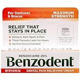 Benzodent Maximum Strength Dental and Oral Pain Relieving Cream for Dentures, Mouth Sores, and Braces, Long lasting Topical Anesthetic, 0.25 oz