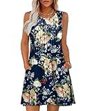 OFEEFAN Floral Dress for Women Casual Summer Pleated Beach Vacation Loose Sleeveless Crewneck Flowy Sundresses Pockets Tank S