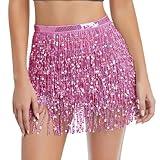 Women's Sequin Tassel Skirts Sparkly Rave Fringe Hip Scarf for Festival Costume(Pink)