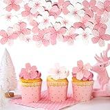 60 Pcs Edible Flowers Cake Topper Cupcake Toppers Decorations Wafer Paper Pink Cherry Blossom Flowers Wedding Themed Party Birthday Cake Decoration