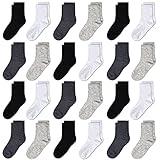GENTABY 24 Pairs Kids Socks (4-7Y) - 6 Black/6 White/6 Dark Gray/6 Light Gray, Back-to-School Essential Crew Socks