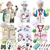 3 Sets Kids Dress up and Role Play Clothes, Boys Girls Dress up Clothes Costumes, Doctor, Chef, Explorer Vest for Kids Children Pretend Role Accessories