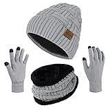 Loritta 3-Pieces Winter Hat Neck Warmer Touchscreen Gloves Set Knit Thick Scarf Beanie Hat Scarves Set Gifts for Women, Light Grey