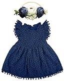 BGFKS Baby Girl Tutu Dress Elegant Lace Pom Pom Flutter Sleeve with Flower Headband Set(Navy,6 Months)