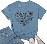 Women's Wildflower T Shirt Cute Flower Blessed Graphic Tees Novelty Funny Heart Printed Casual Crew Neck Short Sleeve Tops (Ink Blue, S)