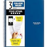 Five Star Spiral Notebook + Study App, 3 Subject, College Ruled Paper, 8-1/2" x 11", 150 Sheets, Fights Ink Bleed, Water Resistant Cover, Pacific Blue (73623)