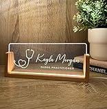 Personalized Name & Title Desk Name Plate Stand Featuring Stethoscope Symbol Professional Work Hospital Medical Nurse Nursing Sign Plaque LED Light Wood Holder Nameplate Office Decor Gift
