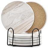 6Pcs Drink Coasters with Holder, Marble Style Ceramic Drink Coaster, Absorbent Coasters Set Suitable for Kinds of Cups, Modern Style Coasters for Coffee Table, 4 Inches