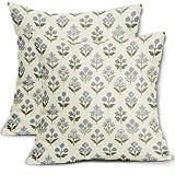 Sivirary Blue Green Block Print Pillow Covers 18x18 Inch Set of 2, Vintage Floral Spring Decorative Throw Pillow Cases Boho Cushion Covers Rustic Decoration Gift Farmhouse Sofa Couch Bed Decor