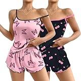 Ekouaer 2 Pack Womens Cami Pajama Sets Cute Print Tank Top Pjs and Shorts Camisole Lounge Set Pink Butterfly&Black Cherry
