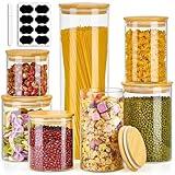 Meolibour 7 Pack Thicker Glass Food Storage Jars with Airtight Bamboo Lids, Clear Glass Storage Containers, Glass Canisters Set for Pasta, Nuts, Coffee Beans, Kitchen Pantry Organization Jar, BPA Free